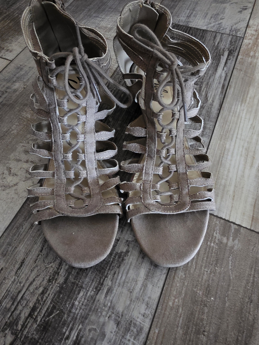 Diba Taupe Lace-Up Cutout Gladiator Heels
